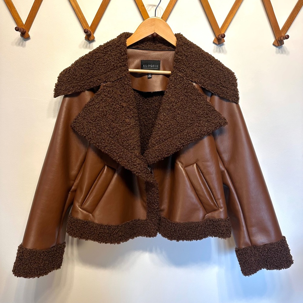 ELOQUII Brown Faux Leather Sherpa Trim Moto Jacket Plus Size 18/20 Car Coat